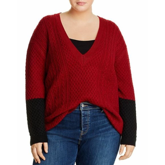 Lysse Lily Color Block Sweater XL 1X 2X V Neck Pullover Ruby Red Cable Knit - Picture 5 of 5